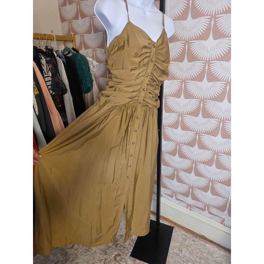 Future Collective Sz S Ruched Midi Dress Mustard Gold NWT Pockets Sundress